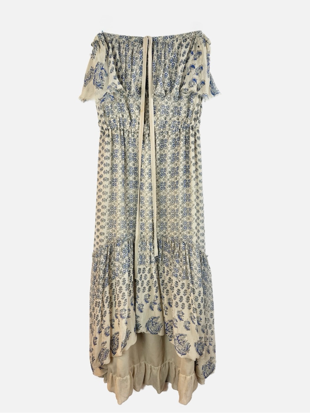 Calypso St. Barth | Tan and Blue Floral High-Low Strapless Dress, 6